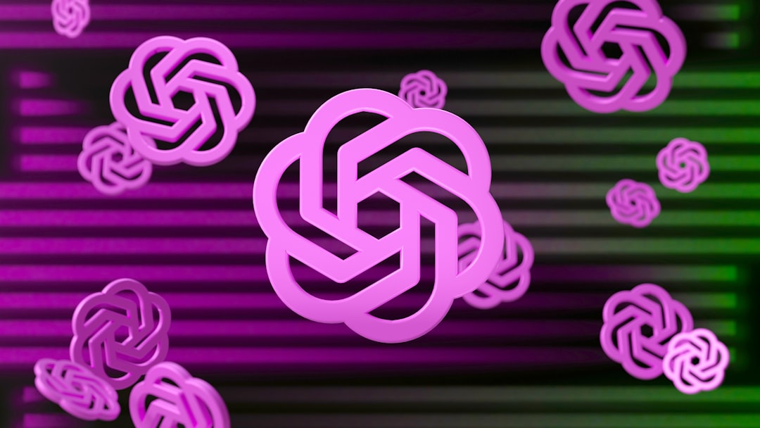 Logotip d'OpenAI repetit en 3D sobre un fons de franges magenta i verd